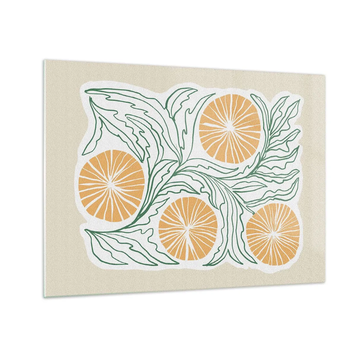 Obraz na skle - Oranžové ovocie a zelené listy v grafickej kompozícii - 70x50cm - Etnicky s abstraktným nádychom - Moderná nástenná dekorácia do obývacej izby a spálne ARTTOR