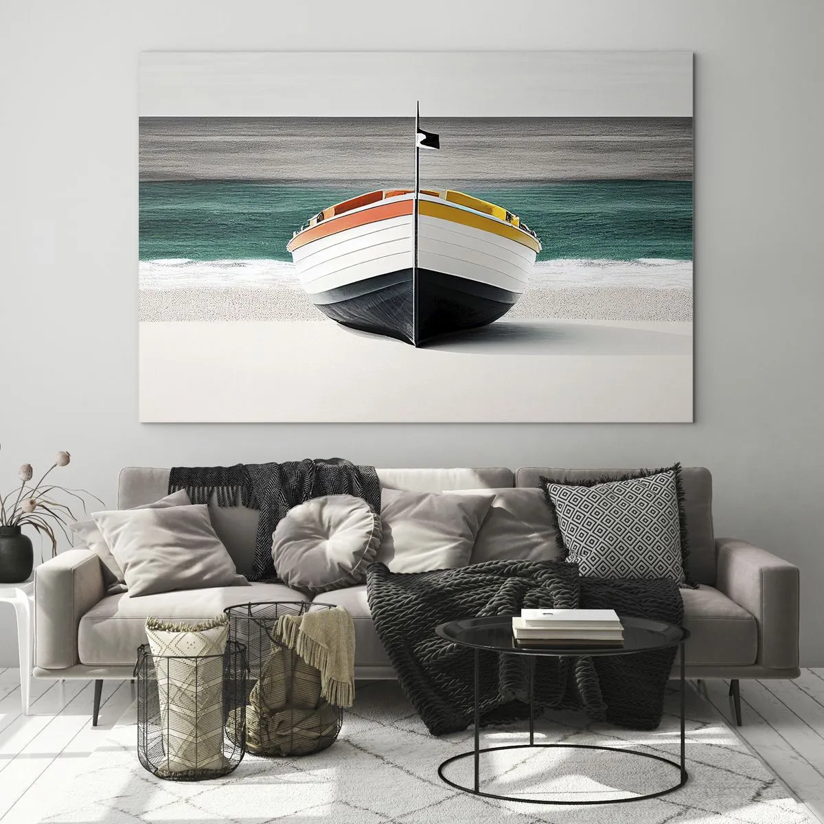 Obraz na skle - Farebná loď na pláži s tyrkysovým morom v pozadí - 70x50cm - Na správnom mieste - Moderná nástenná dekorácia do obývacej izby a spálne ARTTOR