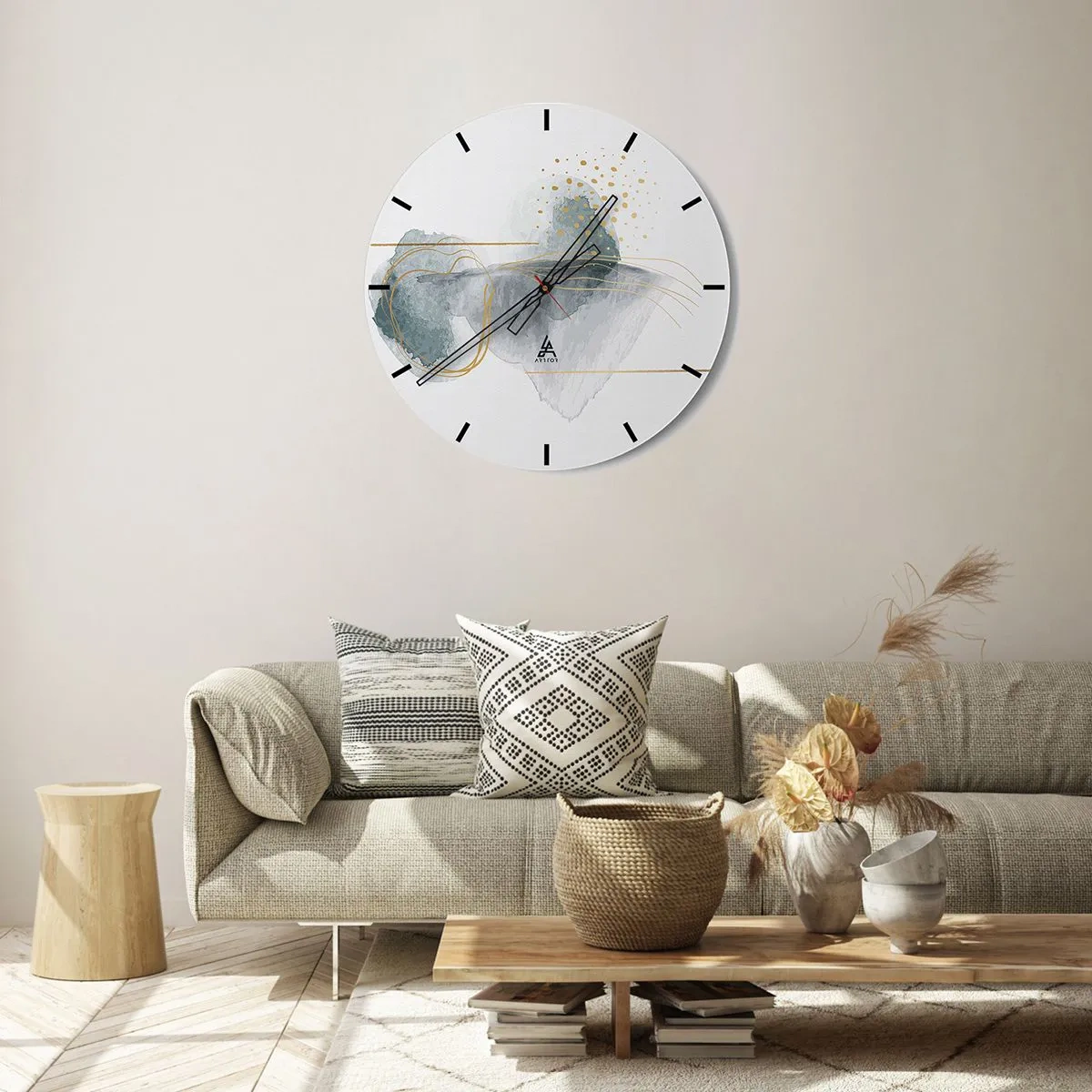 Nástenné hodiny - Pastelové abstraktné tvary so zlatými čiarami a bodkami na bielom pozadí. - 30x30cm - O vzťahu medzi šedou a zlatou - Moderná nástenná dekorácia do obývacej izby, kuchyne a spálne ARTTOR