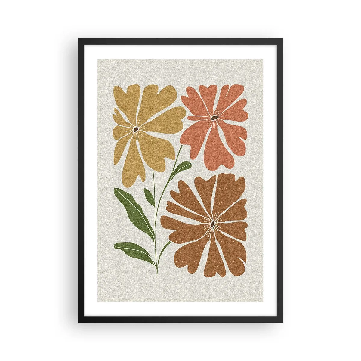 Plagát v čiernom ráme - Minimalistické kvety v teplých odtieňoch - 50x70cm - Príroda a geometria - Moderná nástenná dekorácia do obývacej izby a spálne ARTTOR