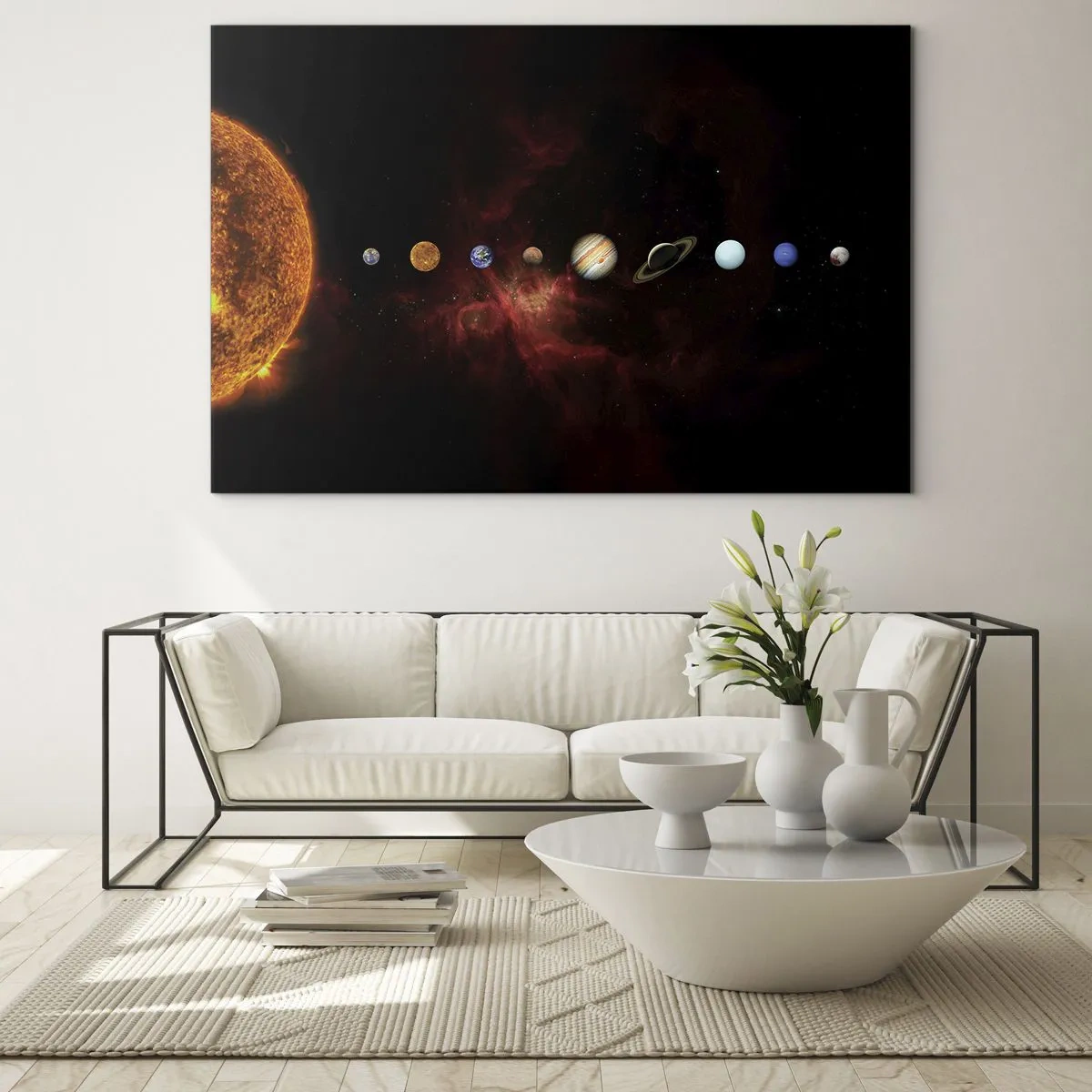 Obraz na skle - Planetárny systém so Slnkom na čiernom pozadí - 70x50cm - Naša štvrť - Moderná nástenná dekorácia do obývacej izby a spálne ARTTOR