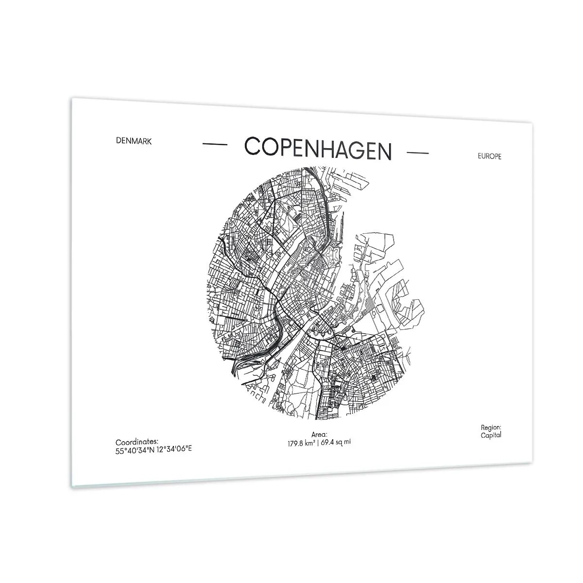 Obraz na skle - Mapa Kodane vo forme grafického náčrtu ulíc - 70x50cm - Anatómia Kodane - Moderná nástenná dekorácia do obývacej izby a spálne ARTTOR