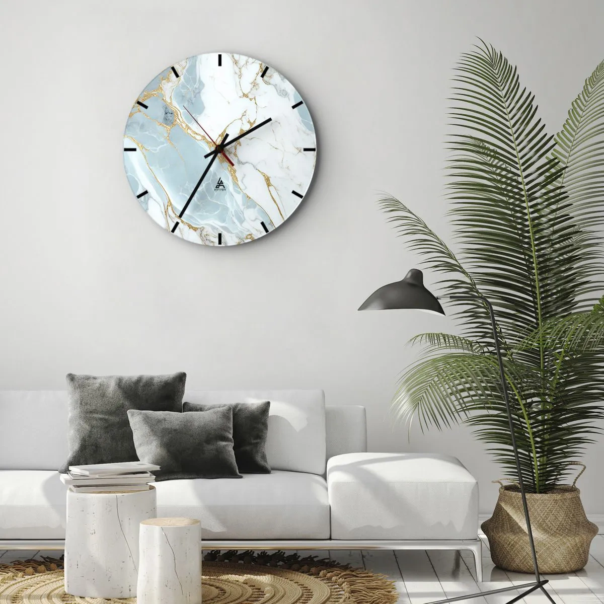 Nástenné hodiny - Modrý a biely mramor so zlatými žilami v celom texte - 30x30cm - Bohatstvo kameňa - Moderná nástenná dekorácia do obývacej izby, kuchyne a spálne ARTTOR