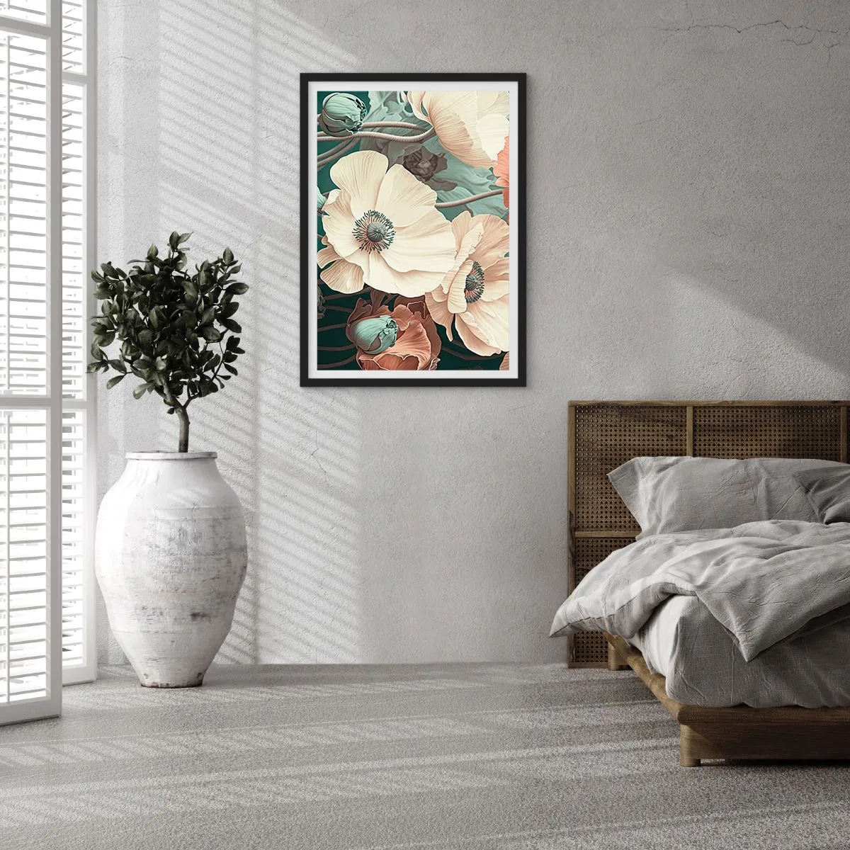 Plagát v čiernom ráme - Jemné kvety v pastelových odtieňoch na tmavom pozadí - 50x70cm - Šepot makov - Moderná nástenná dekorácia do obývacej izby a spálne ARTTOR
