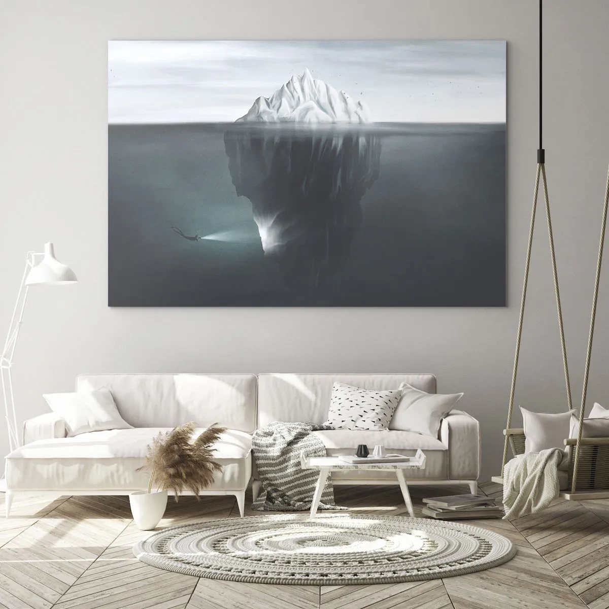 Obraz na skle - Ľadovec s potápačom skúmajúcim podvodnú časť - 70x50cm - Podvodné tajomstvo - Moderná nástenná dekorácia do obývacej izby a spálne ARTTOR