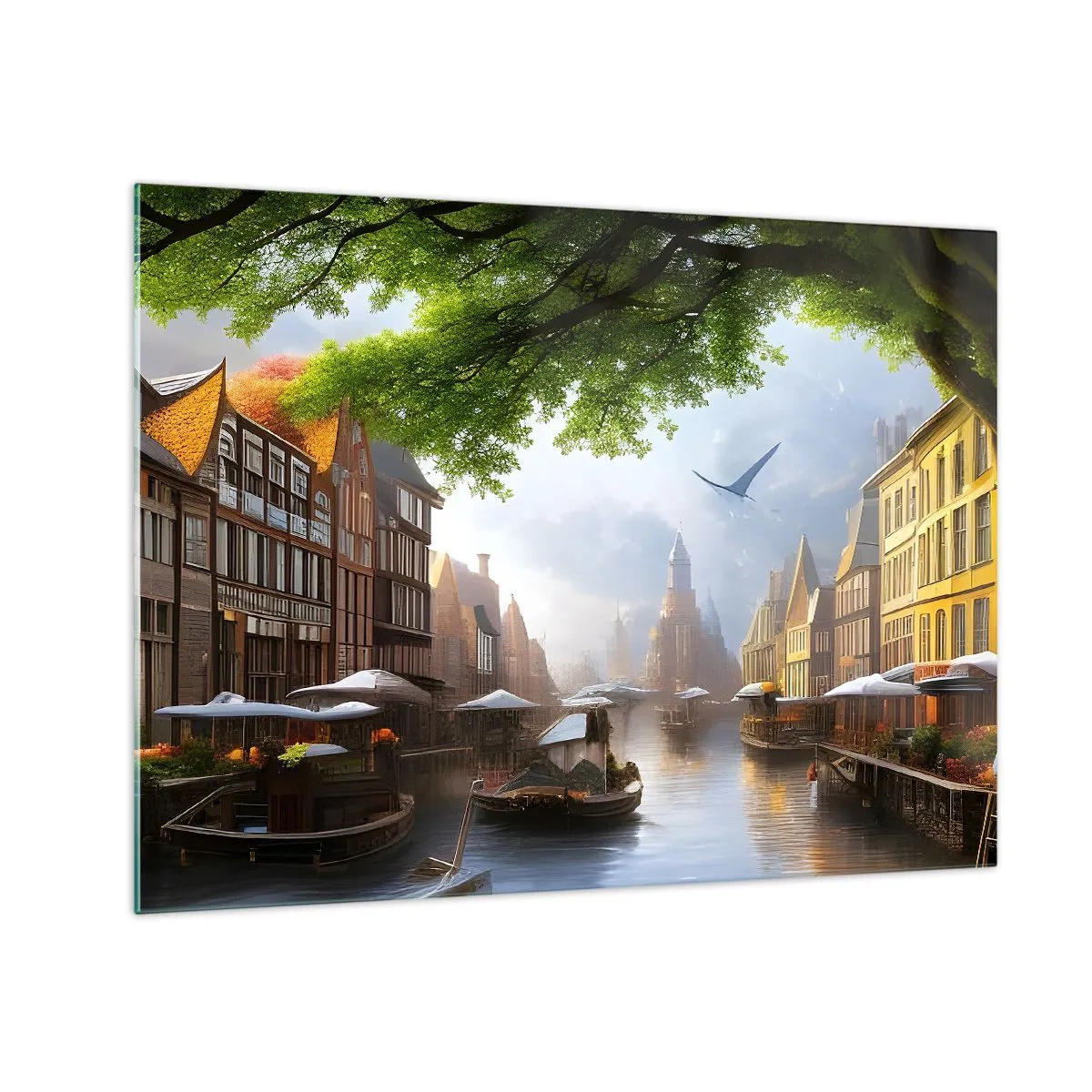 Obraz na skle - Atmosférický pohľad na holandský kanál s loďami a budovami - 70x50cm - Holandská mestská krajinka - Moderná nástenná dekorácia do obývacej izby a spálne ARTTOR