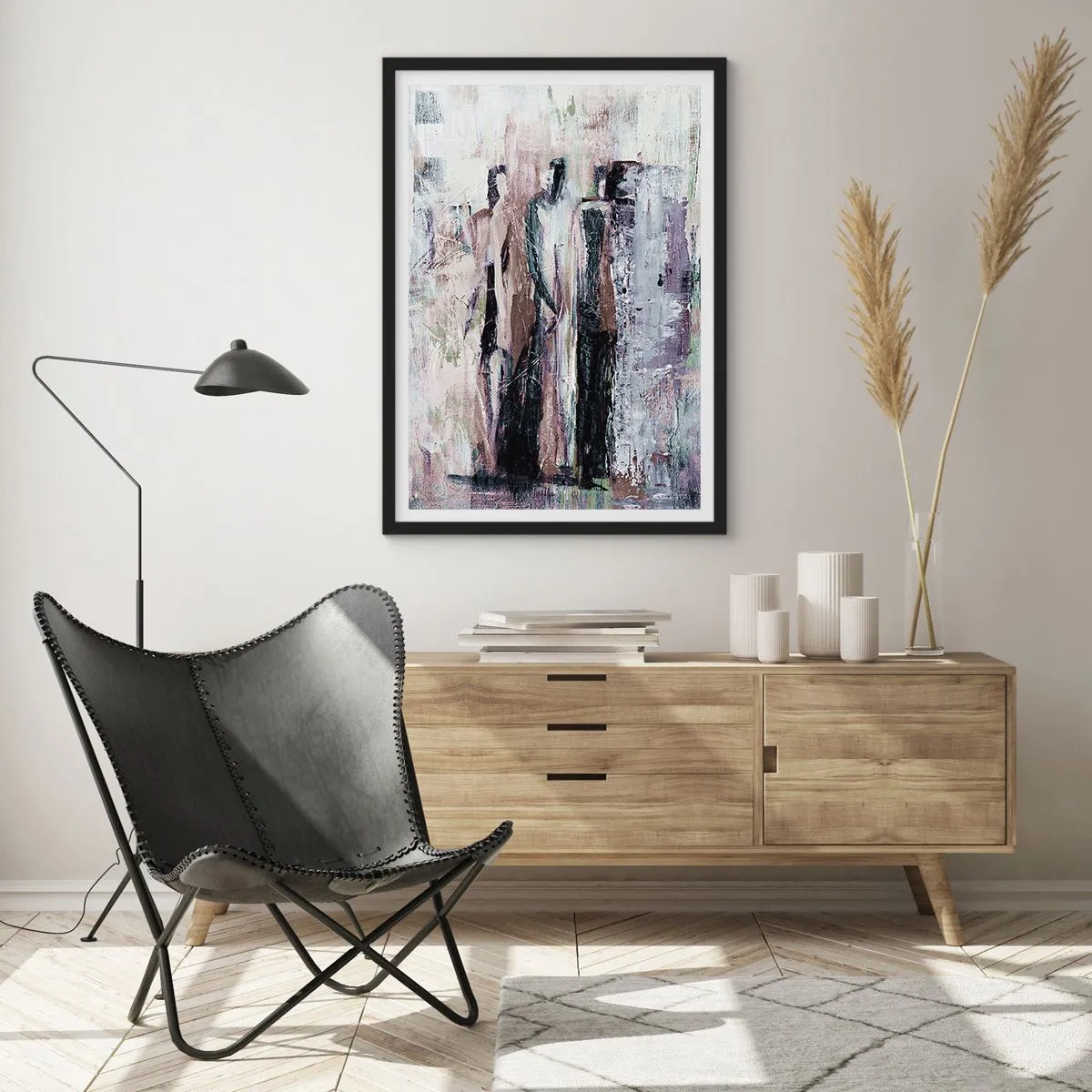 Plagát v čiernom ráme - Abstraktné postavy v tlmených farbách - 50x70cm - Tajomná trojica - Moderná nástenná dekorácia do obývacej izby a spálne ARTTOR