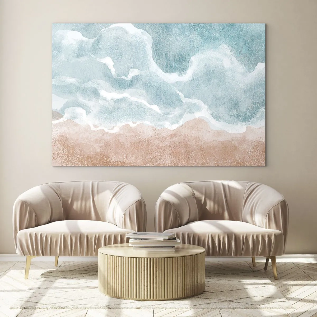 Obraz na skle - Pastelové vlny v modrých a béžových odtieňoch vytvárajú oblačnú abstrakciu. - 70x50cm - Abstrakcia mrakov - Moderná nástenná dekorácia do obývacej izby a spálne ARTTOR