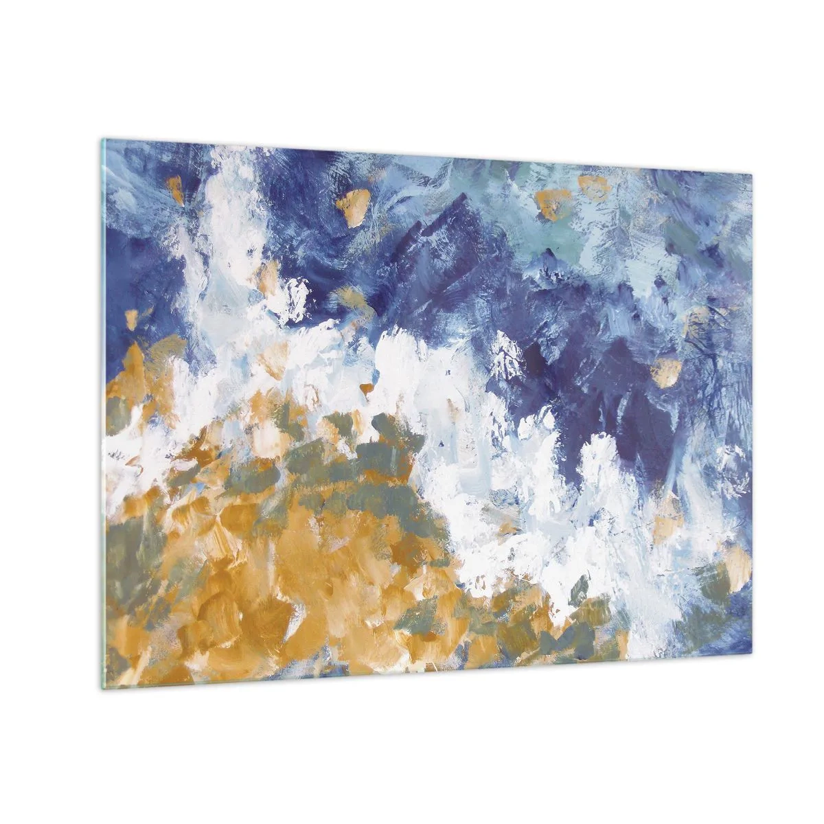 Obraz na skle - Abstraktné ťahy farby v modrej, bielej a zlatej farbe - 70x50cm - Tanec živlov - Moderná nástenná dekorácia do obývacej izby a spálne ARTTOR