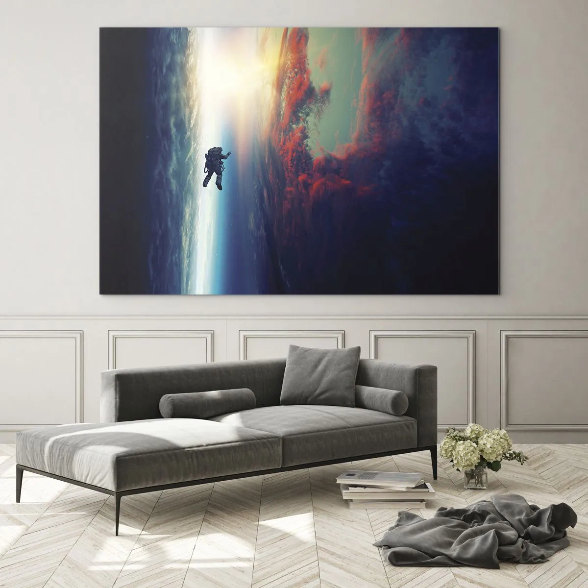 Obraz na skle - Astronaut unášaný vesmírom smerom k svetlu - 70x50cm - Tvárou v tvár vesmíru - Moderná nástenná dekorácia do obývacej izby a spálne ARTTOR