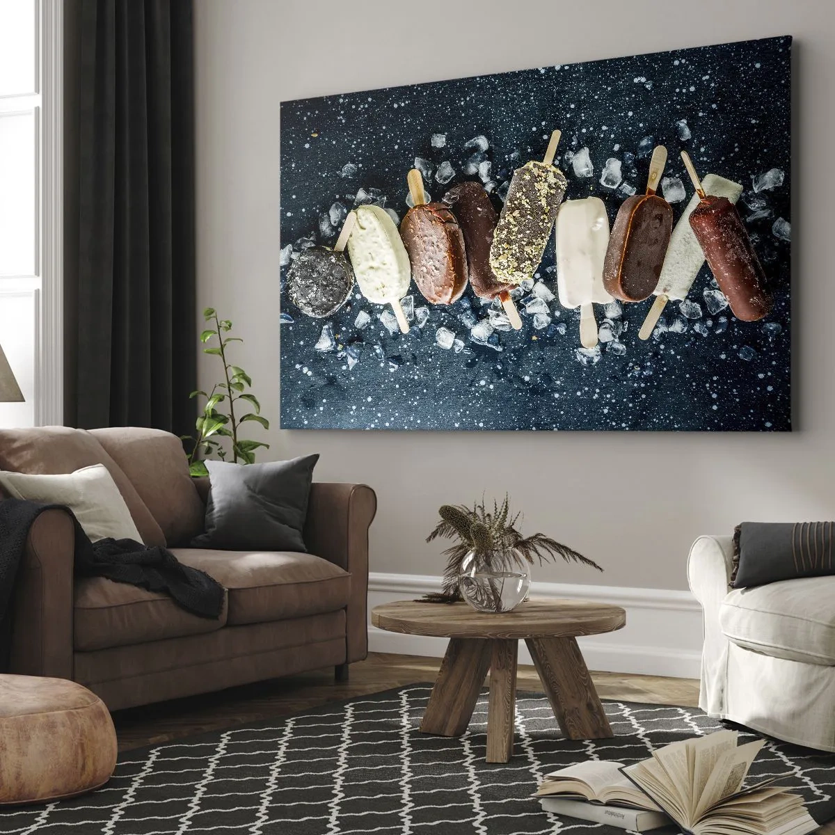 Obraz na plátne - Farebné nanuky usporiadané na ľade s tmavým pozadím - 70x50cm - Chuť horúceho leta - Moderná nástenná dekorácia do obývacej izby a spálne ARTTOR