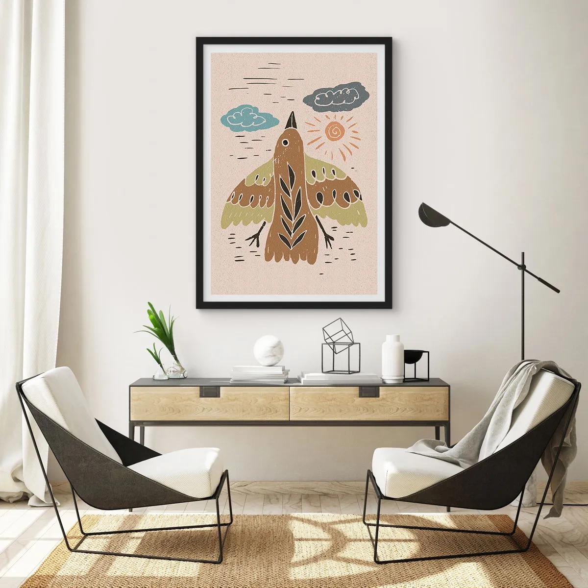Plagát v čiernom ráme - Farebná ilustrácia vtáka za letu s oblakmi a slnkom v pozadí. - 50x70cm - Radostný let - Moderná nástenná dekorácia do obývacej izby a spálne ARTTOR