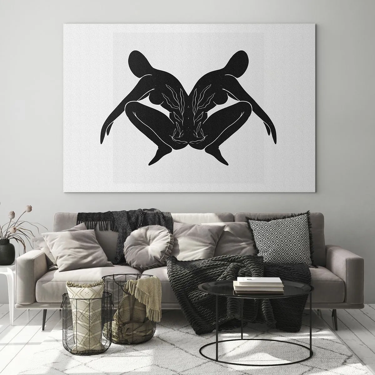 Obraz na skle - Čierne postavy tvoriace symetrické srdce na bielom pozadí - 70x50cm - Spoločná duša - Moderná nástenná dekorácia do obývacej izby a spálne ARTTOR