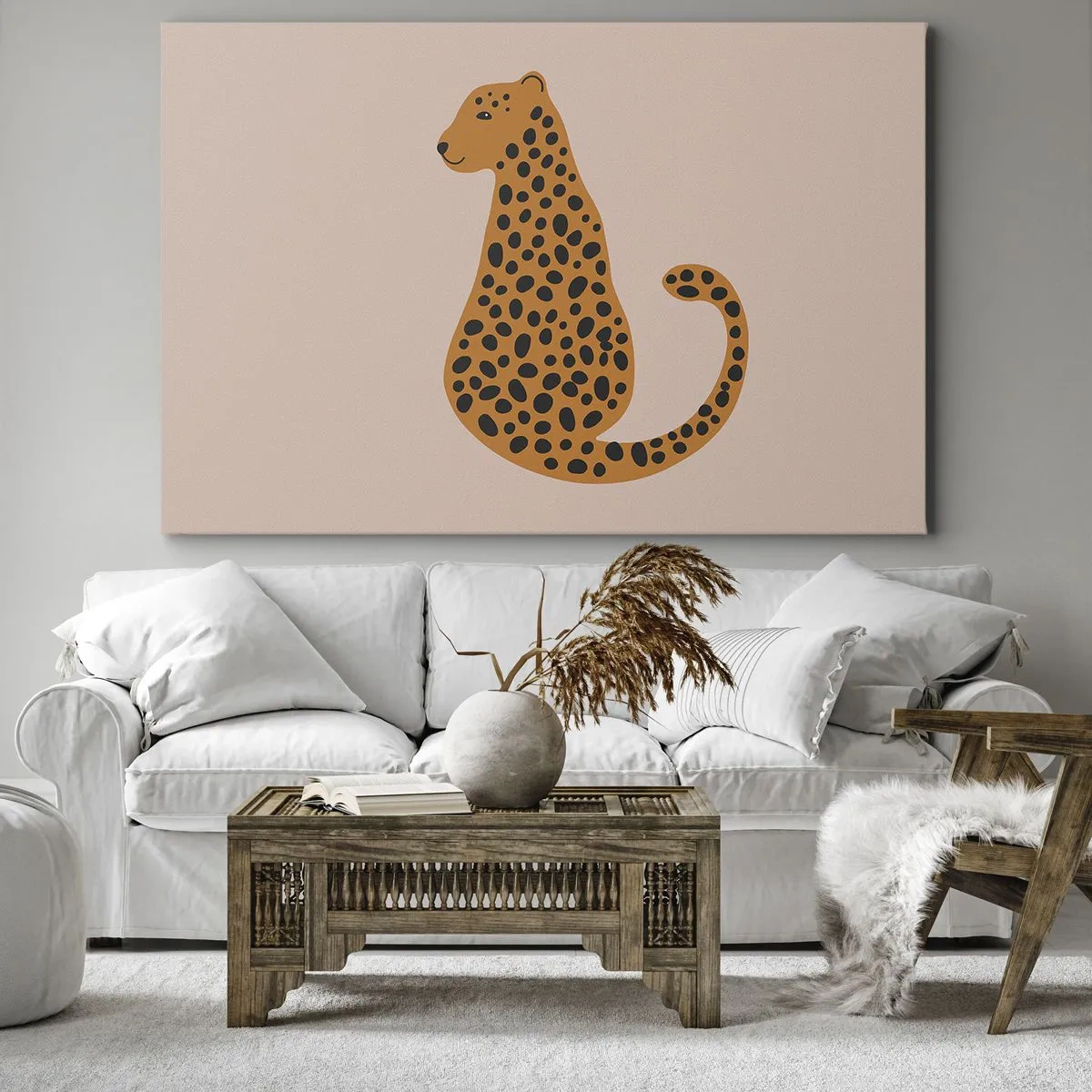 Obraz na plátne - Minimalistická kresba pantera na béžovom pozadí - 70x50cm - Leopardný vzor je v móde - Moderná nástenná dekorácia do obývacej izby a spálne ARTTOR