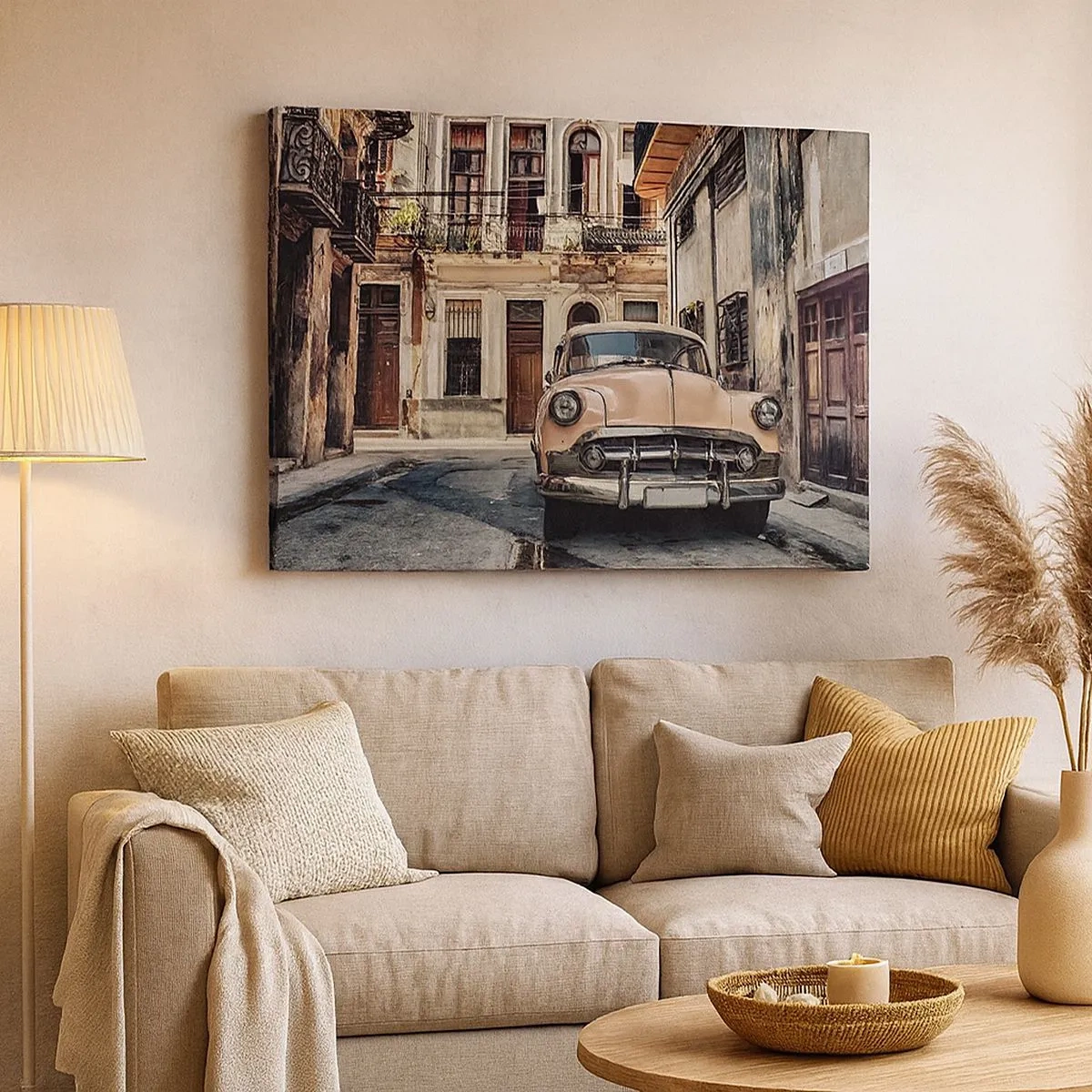 Obraz na plátne - Klasické auto na pozadí mestskej architektúry - 70x50cm - Siesta v Havane - Moderná nástenná dekorácia do obývacej izby a spálne ARTTOR