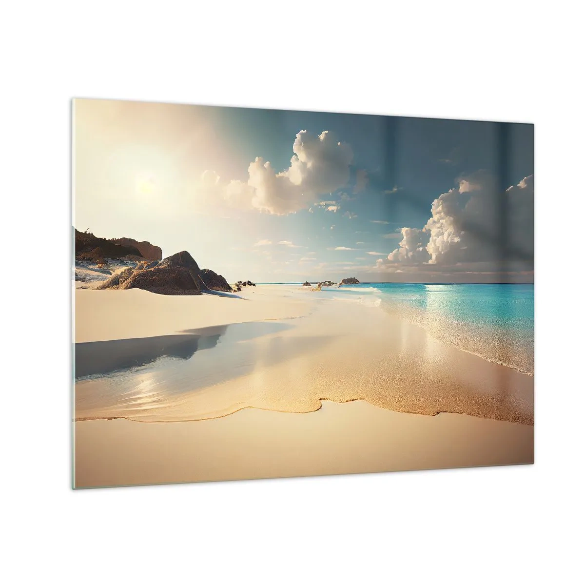 Obraz na skle - Zlatá pláž a tyrkysové more vo svetle ranného slnka - 70x50cm - Vysnený deň - Moderná nástenná dekorácia do obývacej izby a spálne ARTTOR