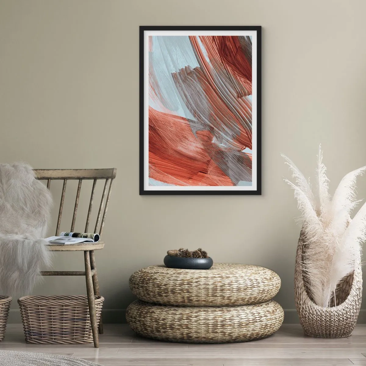 Plagát v čiernom ráme - Dynamické ťahy štetcom v teplých tónoch - 50x70cm - Jesenná veterná abstrakcia - Moderná nástenná dekorácia do obývacej izby a spálne ARTTOR