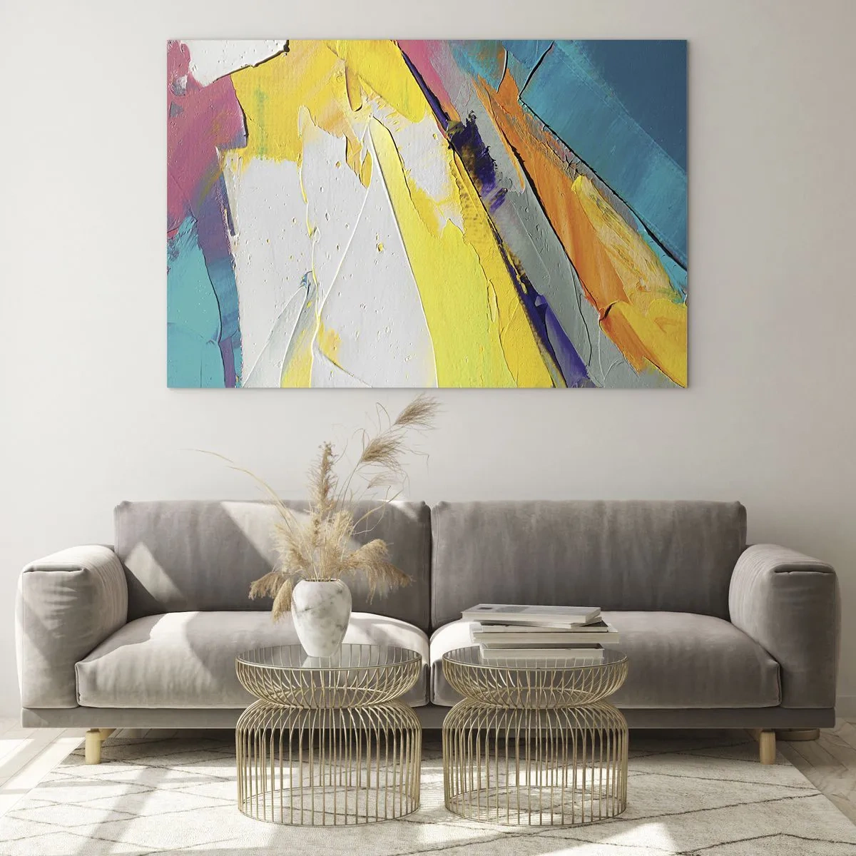 Obraz na skle - Abstraktné ťahy štetcom v žltej, modrej a bielej farbe - 70x50cm - Anatómia svetla - Moderná nástenná dekorácia do obývacej izby a spálne ARTTOR