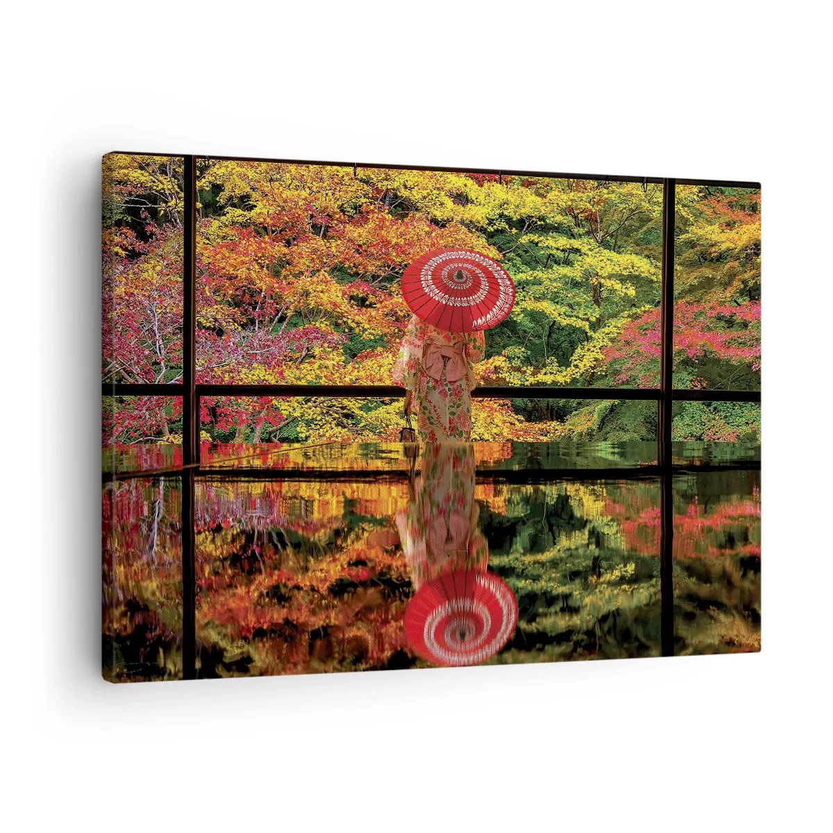 Obraz na plátne - Žena v kimone s dáždnikom na pozadí jesennej krajiny. - 70x50cm - V chráme prírody - Moderná nástenná dekorácia do obývacej izby a spálne ARTTOR