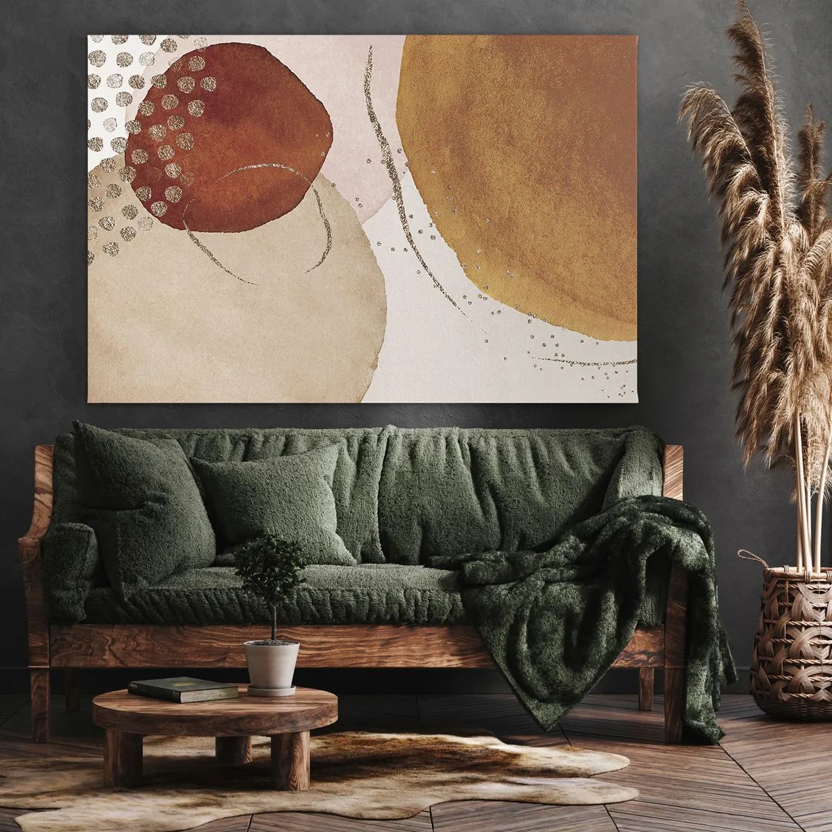 Obraz na plátne - Abstraktné tvary v teplých odtieňoch hnedej a zlatej - 70x50cm - Zaoblenie a pohyb - Moderná nástenná dekorácia do obývacej izby a spálne ARTTOR