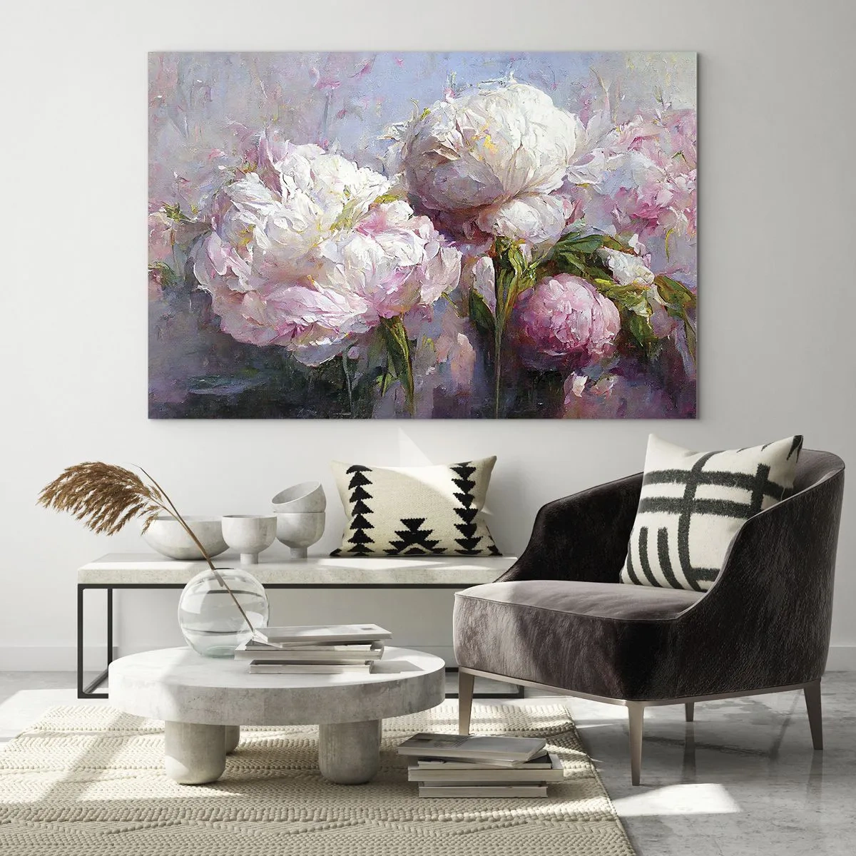 Obraz na skle - Olejomaľba kvitnúcich bielych a ružových pivoniek - 70x50cm - Kytica prekypujúca životom - Moderná nástenná dekorácia do obývacej izby a spálne ARTTOR