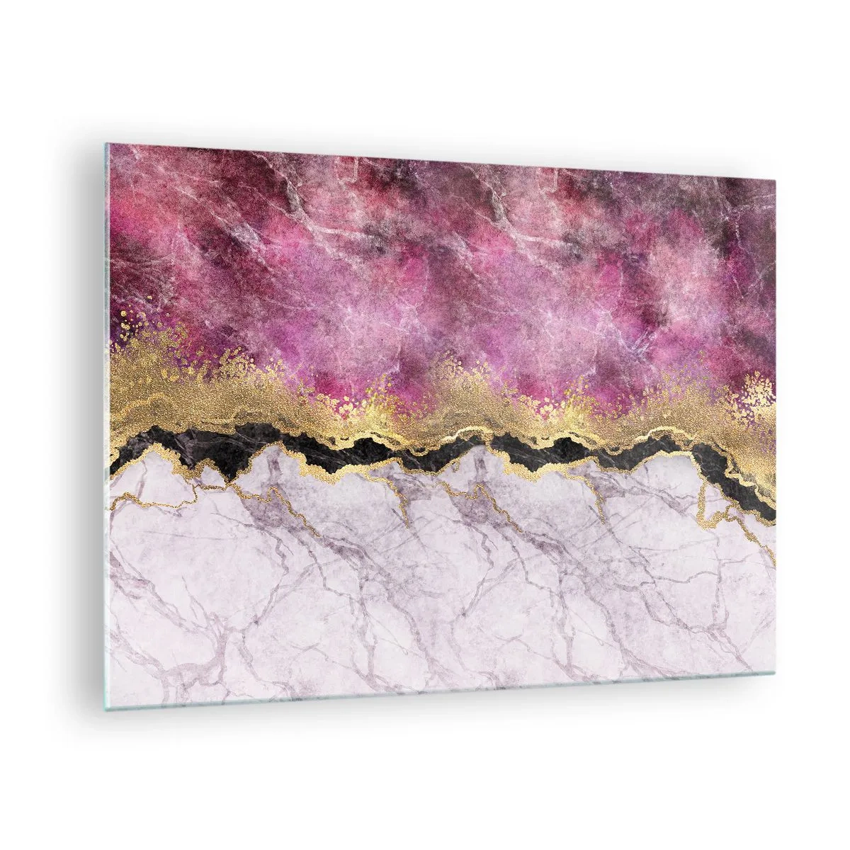 Obraz na skle - Abstraktná mramorová kompozícia so zlatými a fialovými akcentmi - 70x50cm - Na hranici - Moderná nástenná dekorácia do obývacej izby a spálne ARTTOR