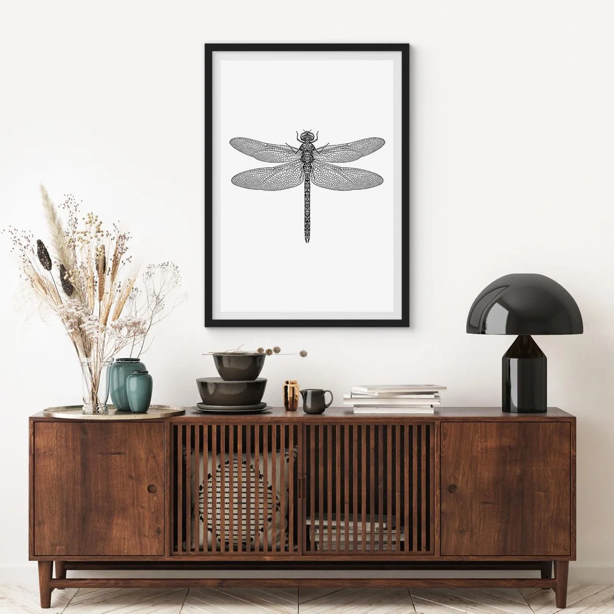 Plagát v čiernom ráme - Čiernobiela ilustrácia vážky na bielom pozadí - 50x70cm - Presnosť prírody - Moderná nástenná dekorácia do obývacej izby a spálne ARTTOR