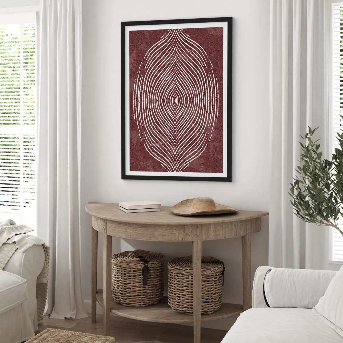 Plagát v čiernom ráme - Hypnotický vzor bielych čiar na hnedom pozadí. - 50x70cm - Priestor hovorí - Moderná nástenná dekorácia do obývacej izby a spálne ARTTOR