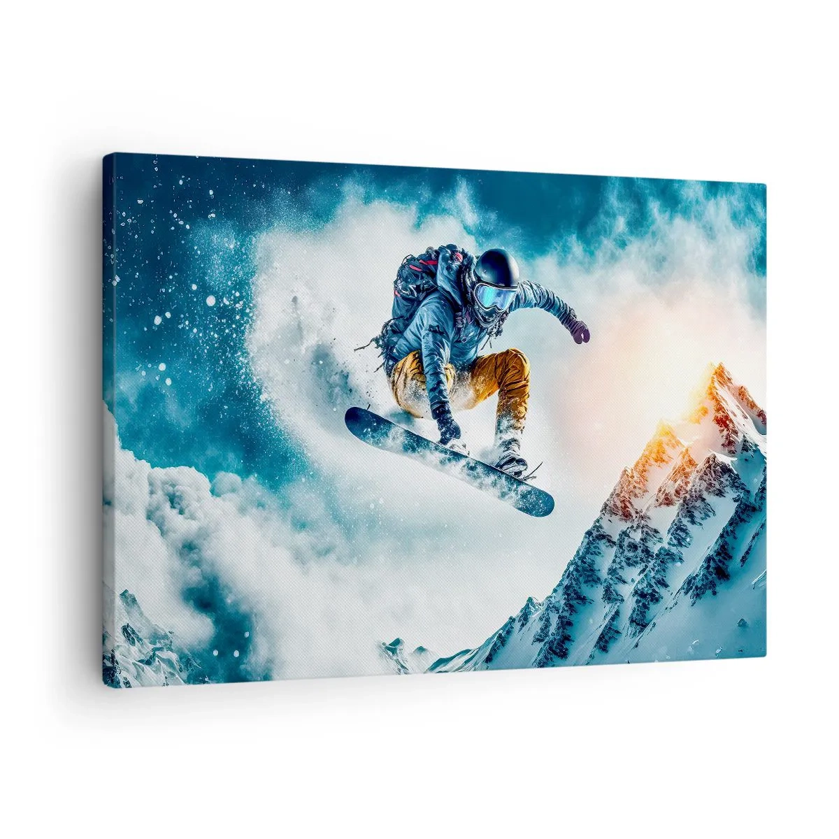 Obraz na plátne - Snowboardista letí nad zasneženými horami - 70x50cm - Extrémne emócie - Moderná nástenná dekorácia do obývacej izby a spálne ARTTOR