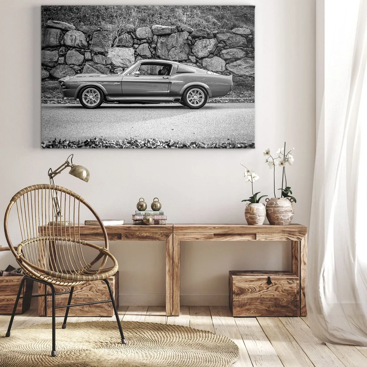 Obraz na plátne - Čiernobiela fotografia klasického auta - 70x50cm - Legenda 60. rokov - Moderná nástenná dekorácia do obývacej izby a spálne ARTTOR