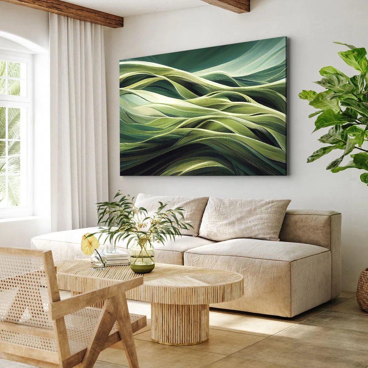Obraz na plátne - Dynamické línie v odtieňoch zelenej - 70x50cm - Abstraktná hra na zelenú - Moderná nástenná dekorácia do obývacej izby a spálne ARTTOR