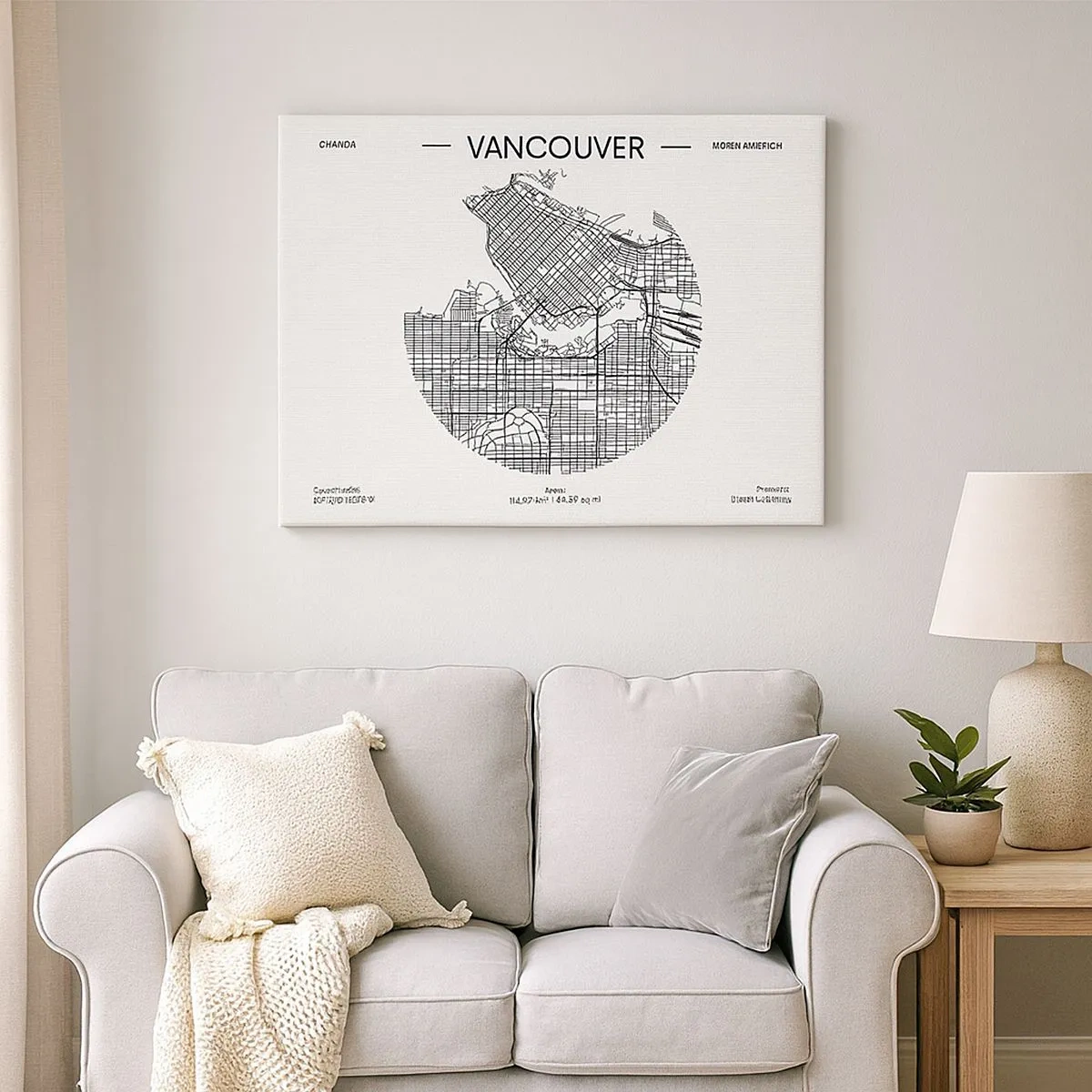 Obraz na plátne - Mapa Vancouveru v minimalistickom čiernobielom štýle - 70x50cm - Anatómia Vancouveru - Moderná nástenná dekorácia do obývacej izby a spálne ARTTOR