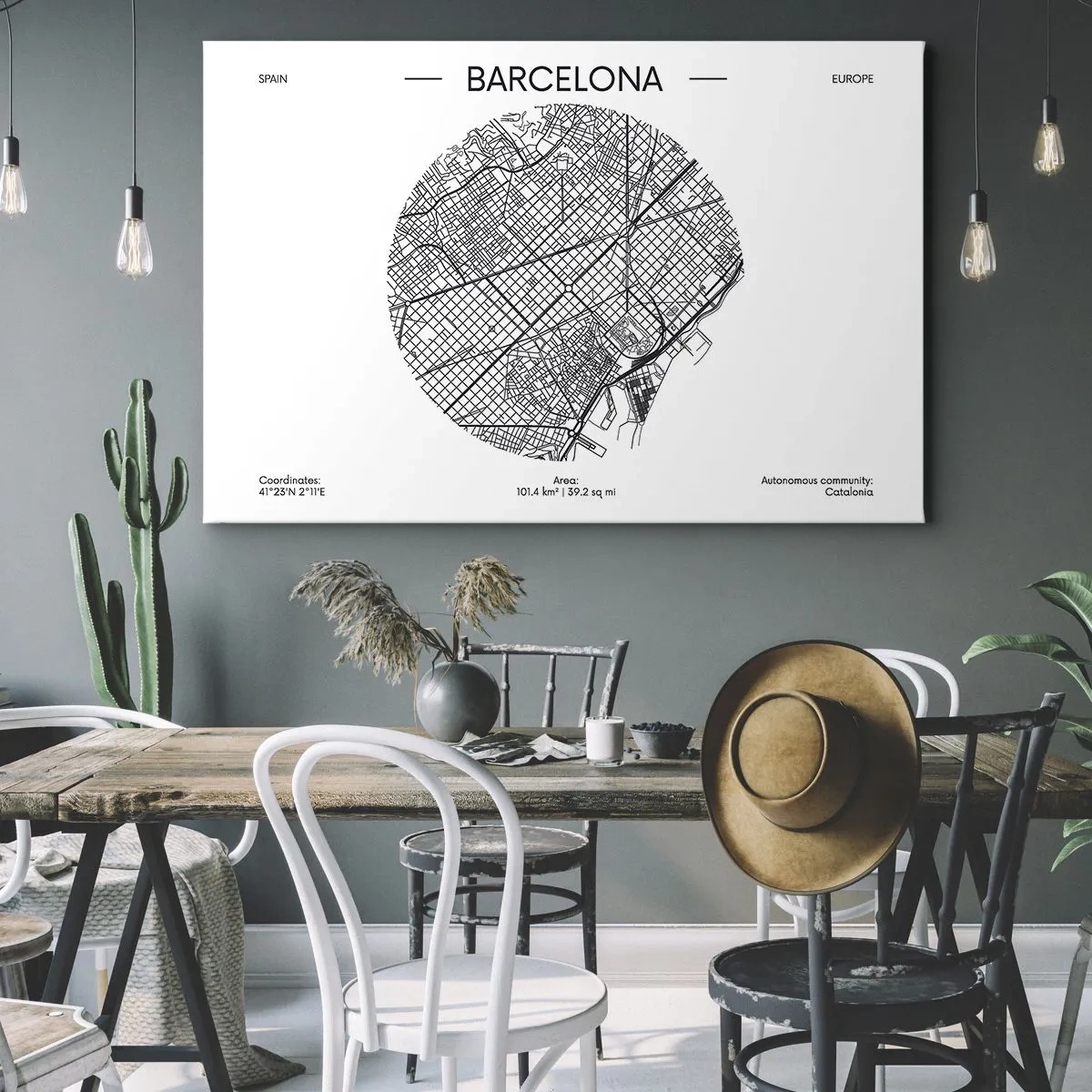 Obraz na plátne - Mapa Barcelony v minimalistickom čiernobielom štýle - 70x50cm - Anatómia Barcelony - Moderná nástenná dekorácia do obývacej izby a spálne ARTTOR