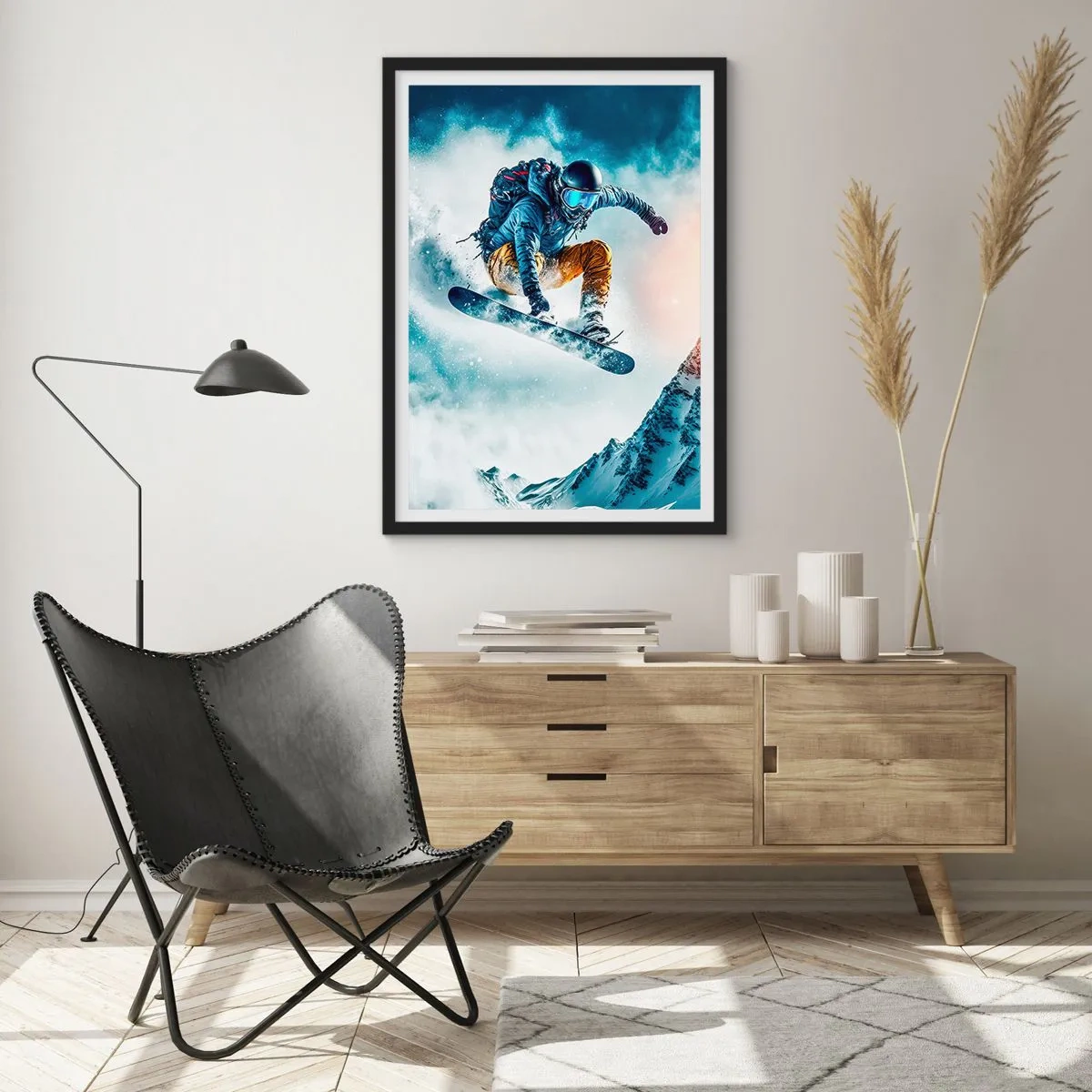 Plagát v čiernom ráme - Snowboardista letí ponad zasnežený vrchol hory - 50x70cm - Extrémne emócie - Moderná nástenná dekorácia do obývacej izby a spálne ARTTOR