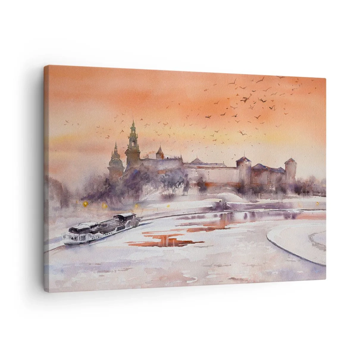 Obraz na plátne - Západ slnka nad hradom v zimnej scenérii - 70x50cm - Kráľovský západ slnka - Moderná nástenná dekorácia do obývacej izby a spálne ARTTOR