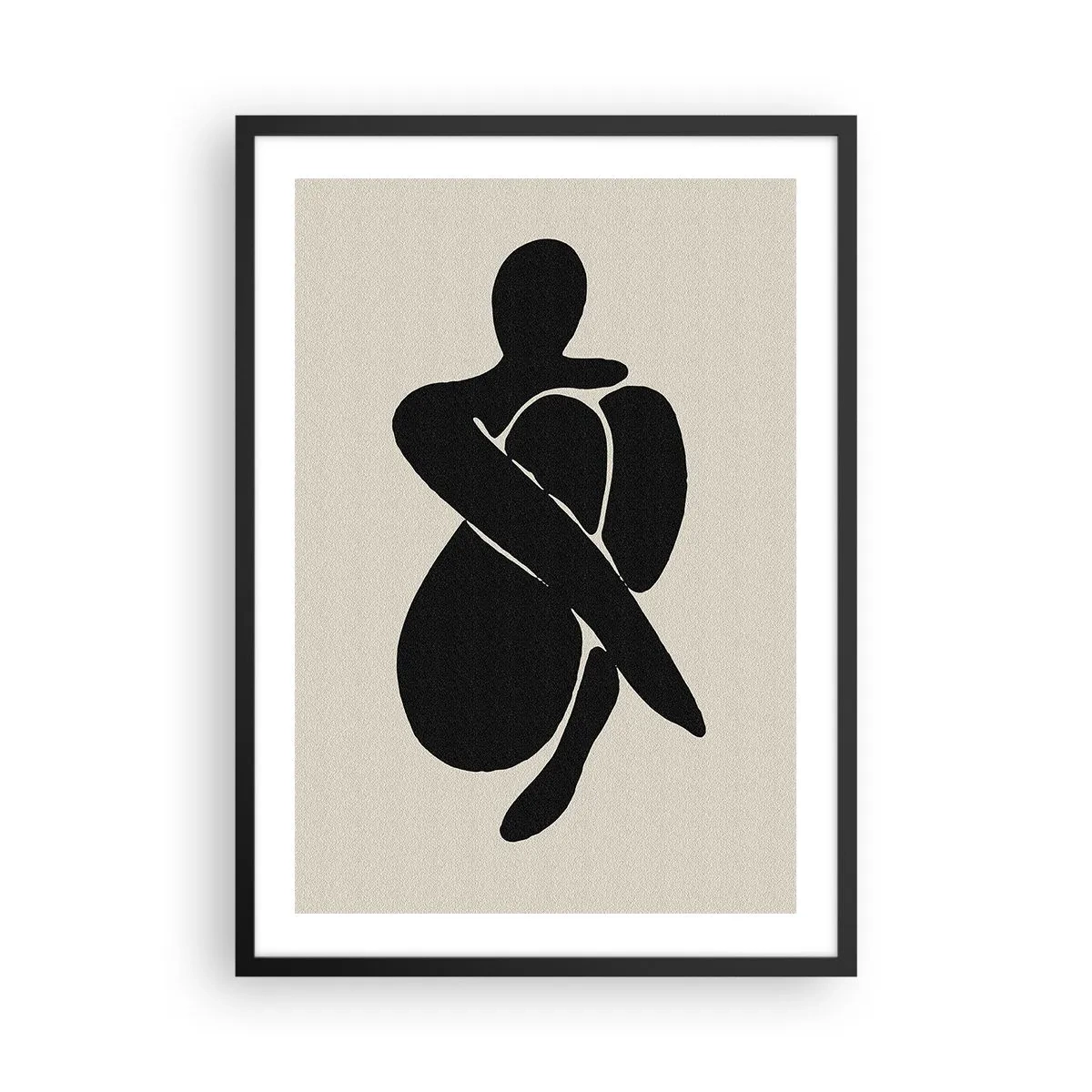 Plagát v čiernom ráme - Abstraktná postava v póze s rukami omotanými okolo tela, čiernobiela ilustrácia - 50x70cm - Vo vlastnom objatí - Moderná nástenná dekorácia do obývacej izby a spálne ARTTOR