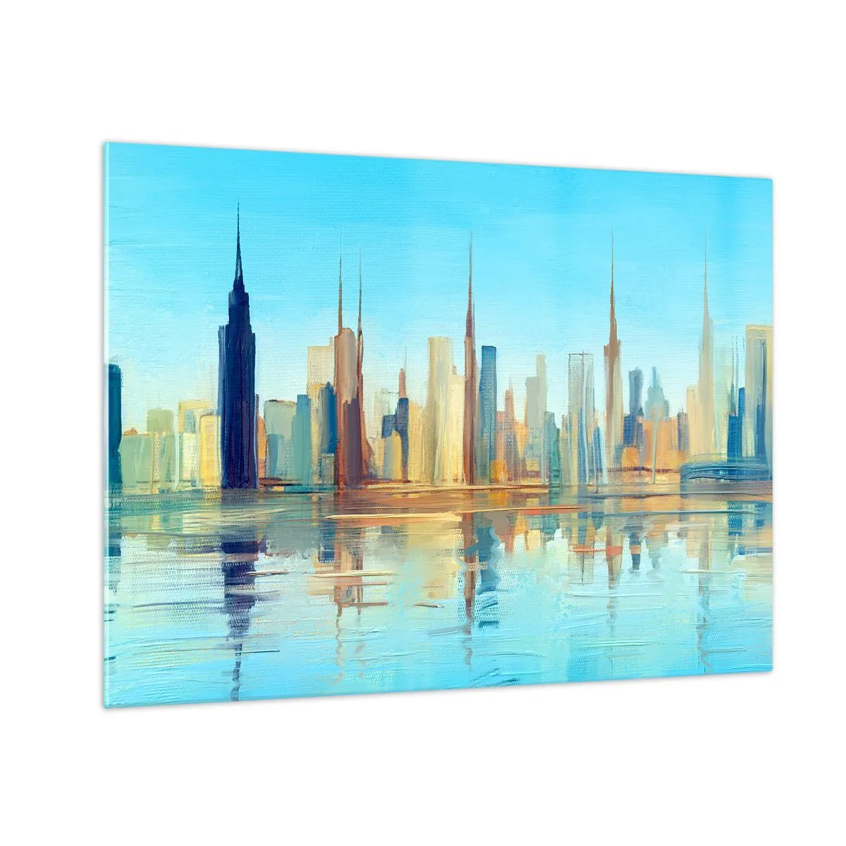 Obraz na skle - Panoráma metropoly odrážajúca sa vo vode pod modrou oblohou - 70x50cm - Slnečná metropola - Moderná nástenná dekorácia do obývacej izby a spálne ARTTOR
