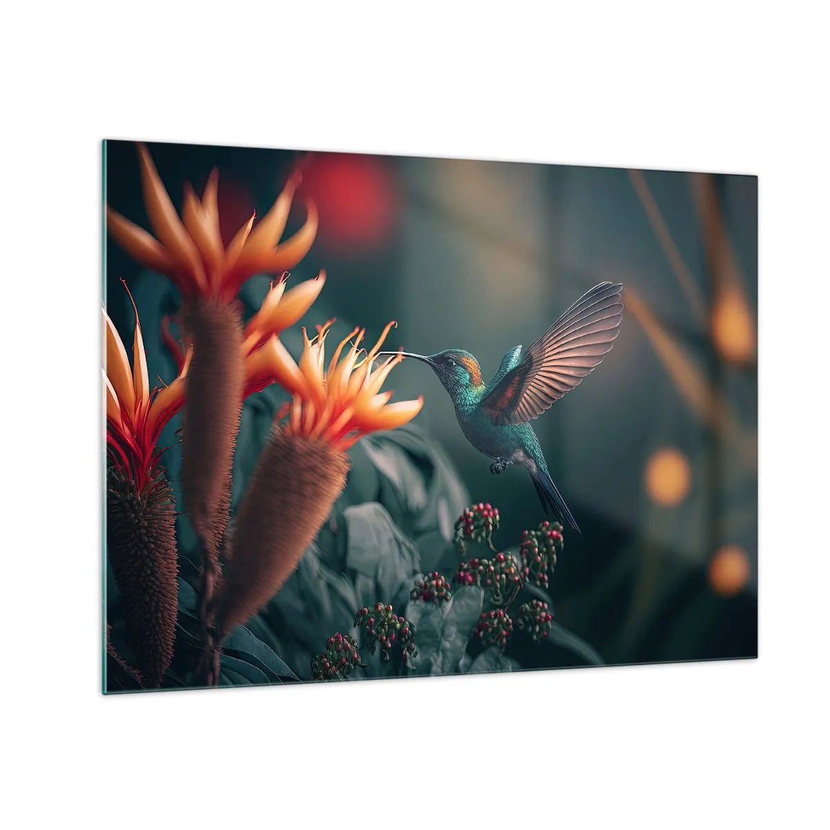 Obraz na skle - Kolibrík sa vznáša nad exotickými kvetmi medzi listami. - 70x50cm - Skutočne pestrý život - Moderná nástenná dekorácia do obývacej izby a spálne ARTTOR