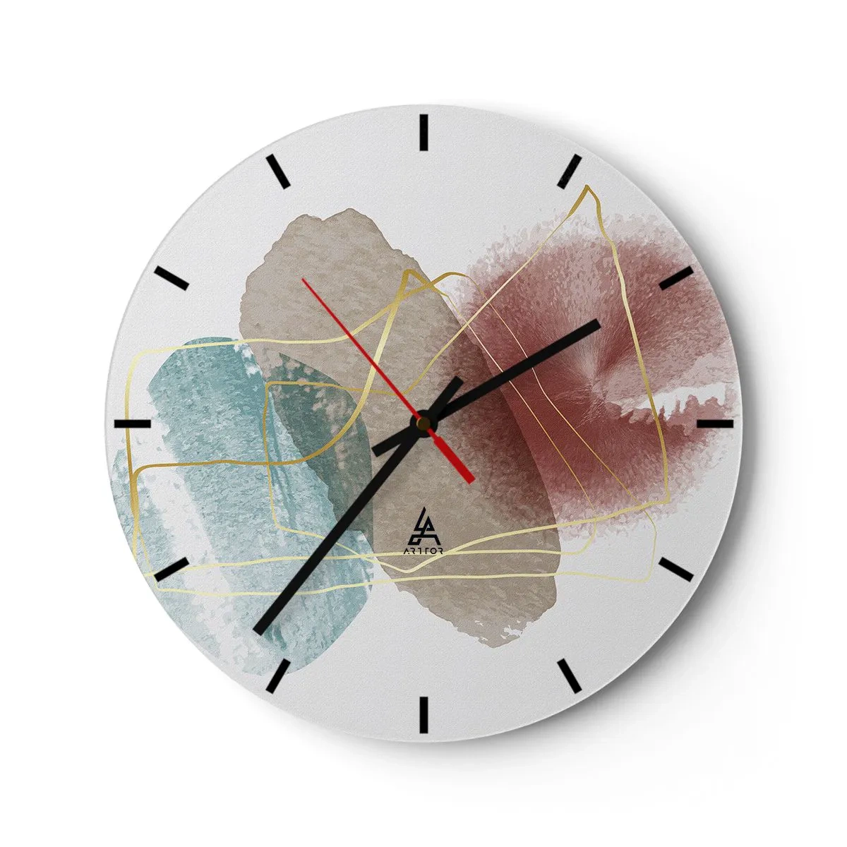 Nástenné hodiny - Farebné akvarelové špliechajúce farby a zlaté čiary na bielom pozadí - 30x30cm - Korálky priestoru - Moderná nástenná dekorácia do obývacej izby, kuchyne a spálne ARTTOR