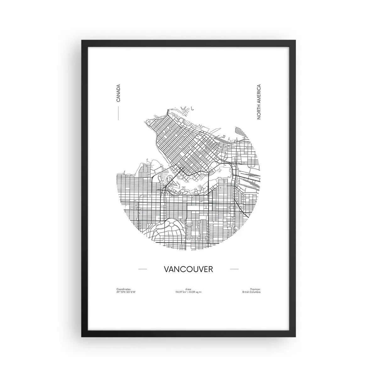 Plagát v čiernom ráme - Minimalistická čiernobiela mapa Vancouveru - 50x70cm - Anatómia Vancouveru - Moderná nástenná dekorácia do obývacej izby a spálne ARTTOR