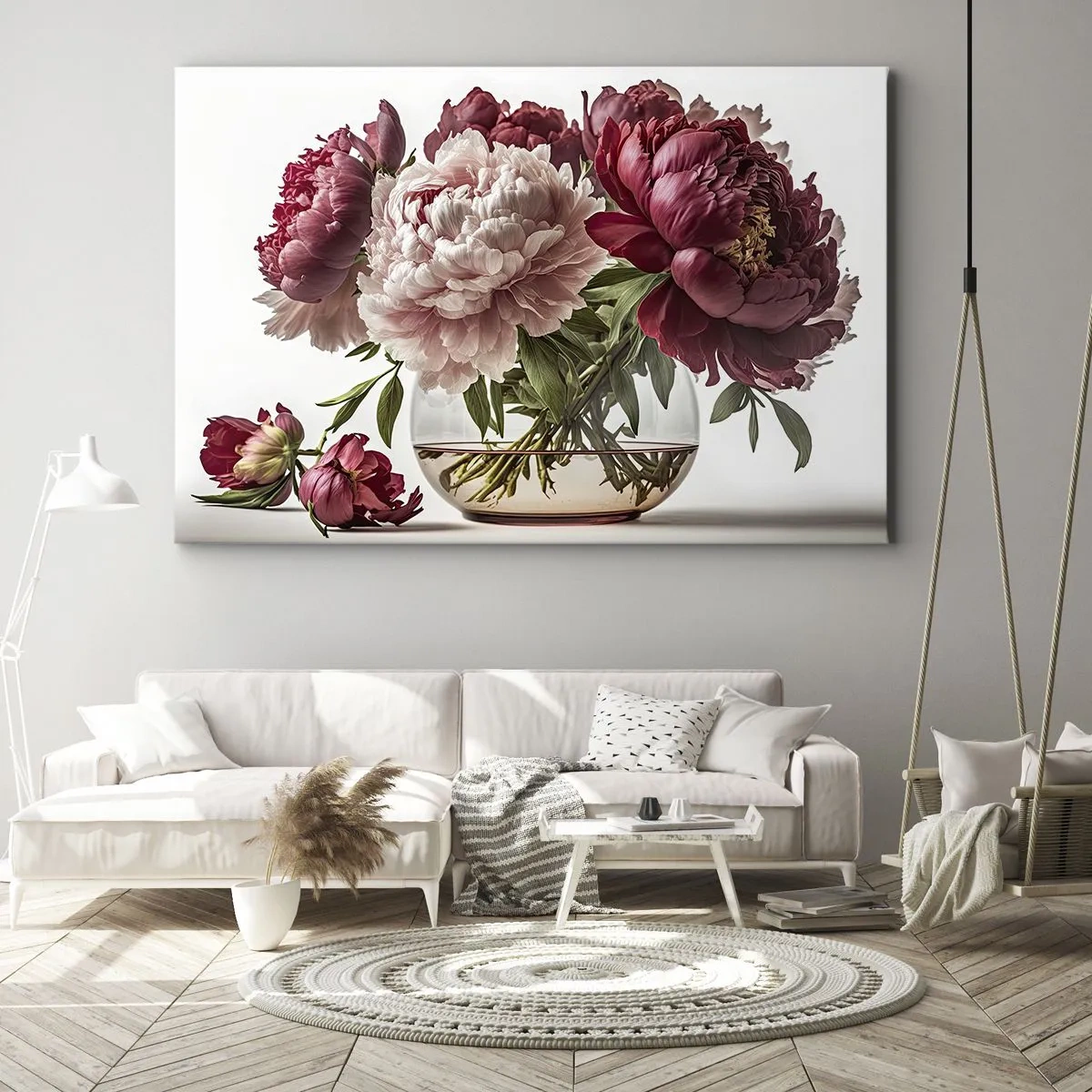 Obraz na plátne - Kytica pivoniek v odtieňoch ružovej a červenej - 70x50cm - V plnom rozkvete krásy - Moderná nástenná dekorácia do obývacej izby a spálne ARTTOR