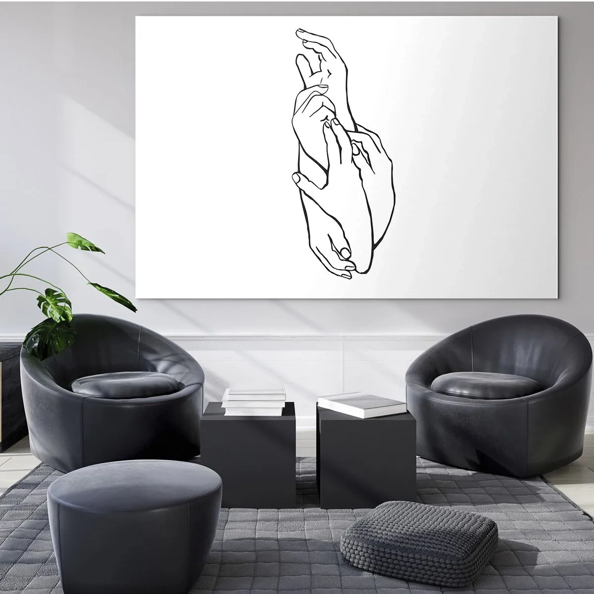 Obraz na skle - Jemná lineárna kresba zopnutých rúk na bielom pozadí. - 70x50cm - Dobrý dotyk - Moderná nástenná dekorácia do obývacej izby a spálne ARTTOR