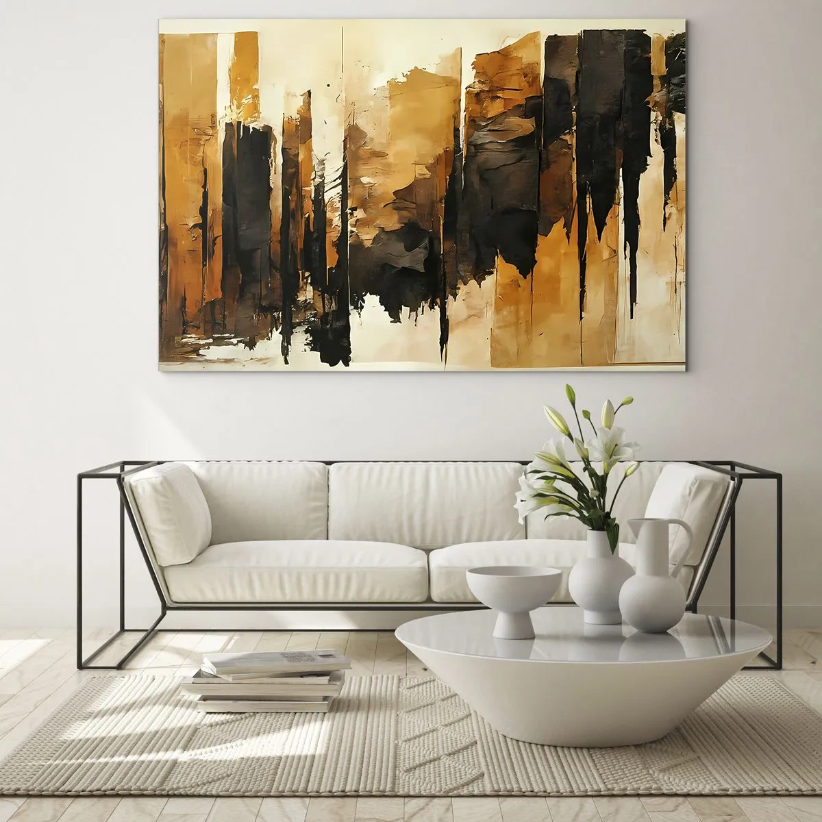Obraz na skle - Zlatohnedá abstrakcia s vertikálnymi štruktúrami - 70x50cm - Harmónia čiernej a zlatej - Moderná nástenná dekorácia do obývacej izby a spálne ARTTOR
