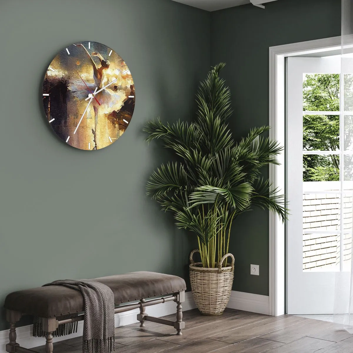 Nástenné hodiny - Tanečnica v bielych šatách zachytená v dynamickom pohybe - 30x30cm - Zázrak na ulici - Moderná nástenná dekorácia do obývacej izby, kuchyne a spálne ARTTOR