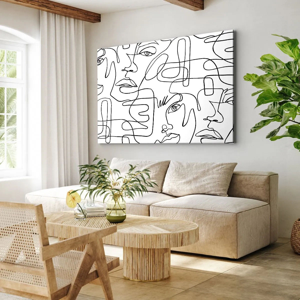 Obraz na plátne - Minimalistická kresba tváre s čiarami na svetlom pozadí. - 70x50cm - V spletených emóciách - Moderná nástenná dekorácia do obývacej izby a spálne ARTTOR