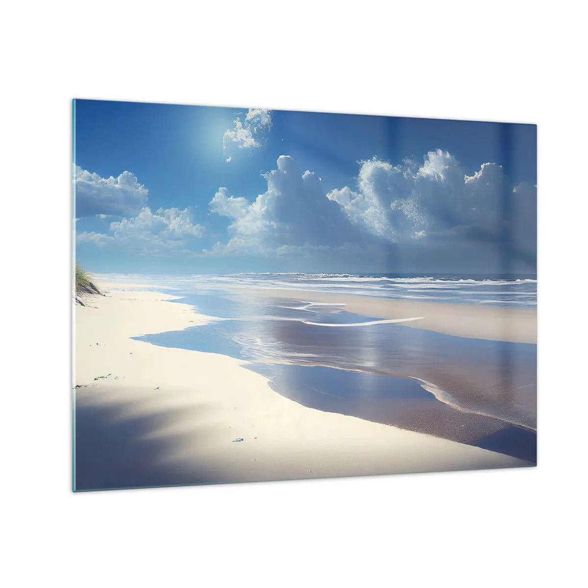 Obraz na skle - Široká piesočnatá pláž a pokojné vlny pod modrou oblohou - 70x50cm - Dovolenka v raji - Moderná nástenná dekorácia do obývacej izby a spálne ARTTOR