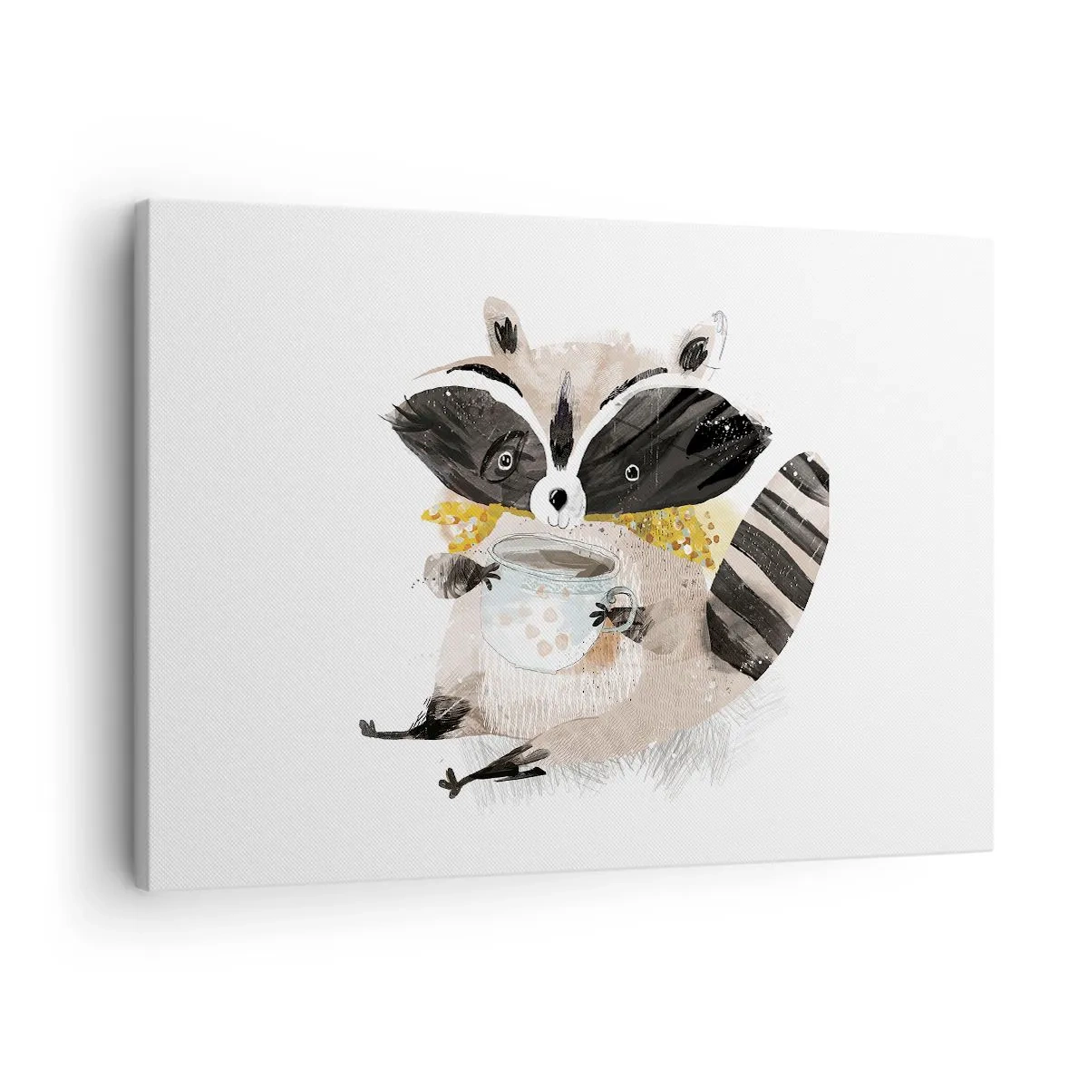 Obraz na plátne - Rozkošný mýval drží pastelovo sfarbený hrnček - 70x50cm - Môj priateľ mýval - Moderná nástenná dekorácia do obývacej izby a spálne ARTTOR