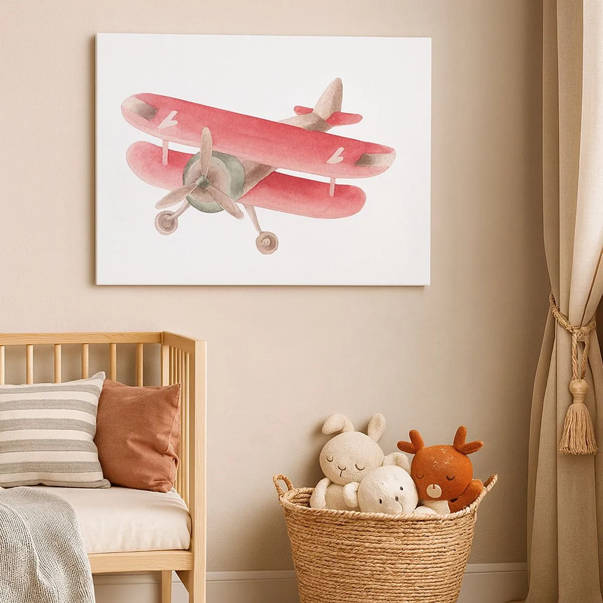 Obraz na plátne - Červené retro lietadlo na bielom pozadí - 70x50cm - Pripravený na vysoký let - Moderná nástenná dekorácia do obývacej izby a spálne ARTTOR