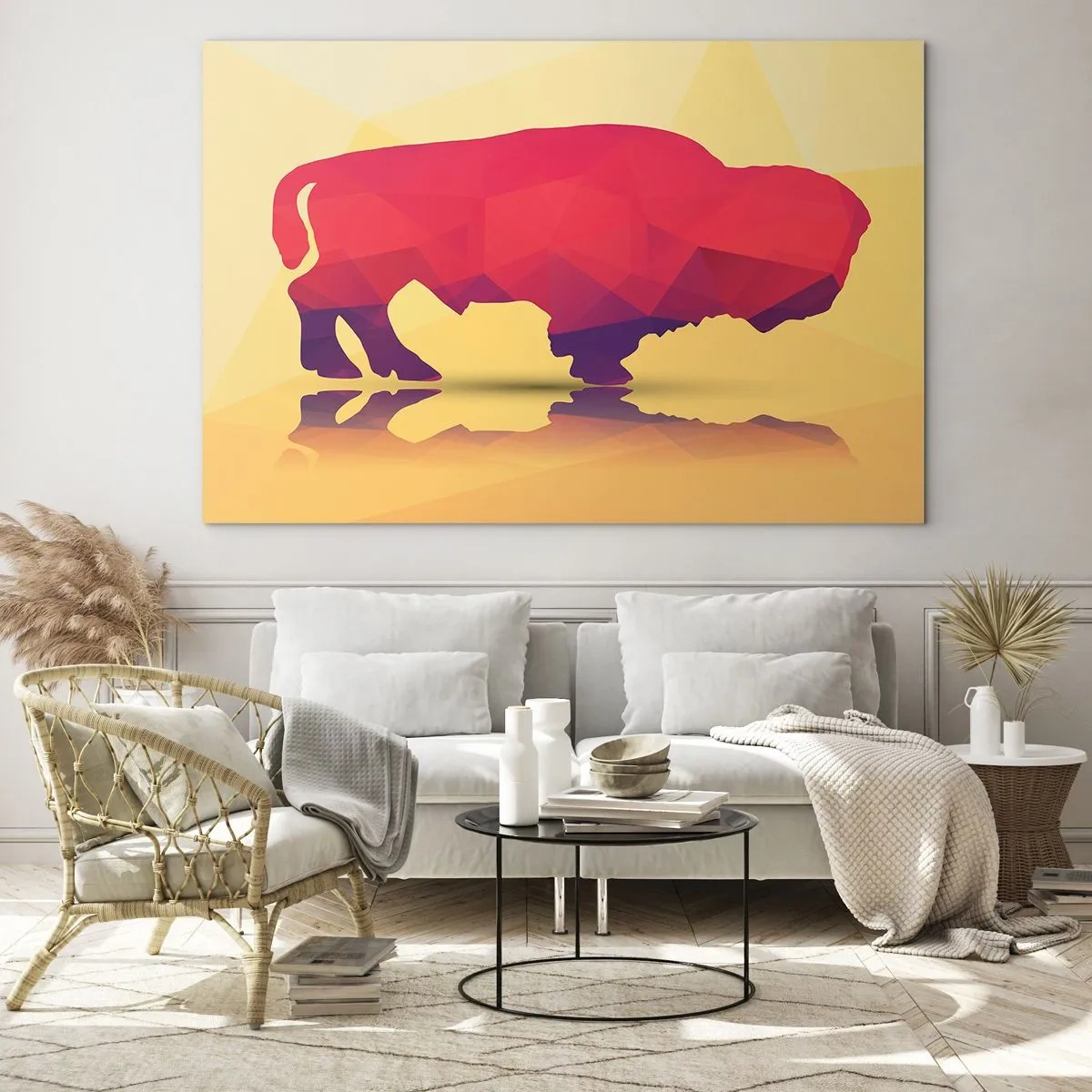 Obraz na skle - Geometrický bizón v teplých farbách - 70x50cm - Amarantová sila zubra - Moderná nástenná dekorácia do obývacej izby a spálne ARTTOR