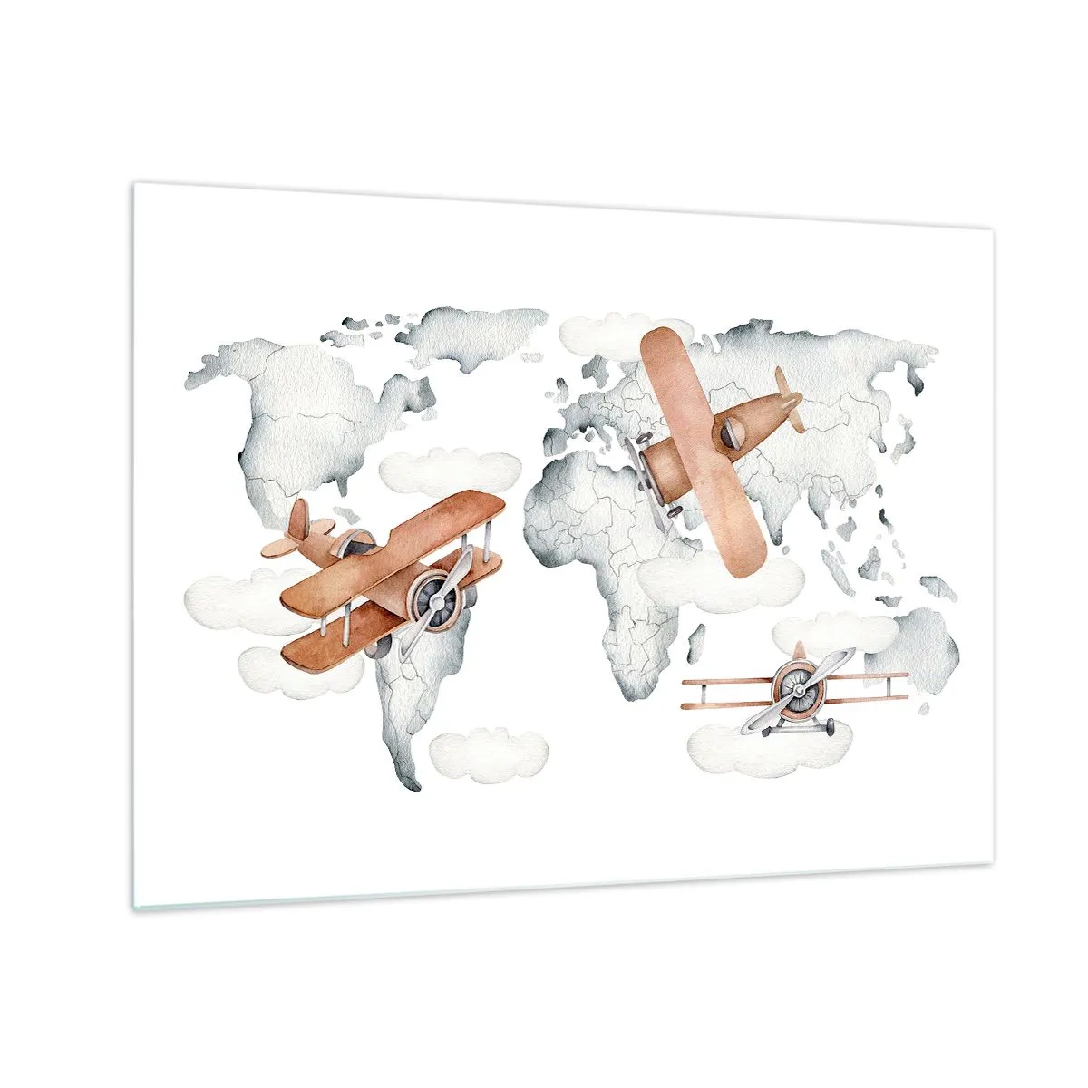 Obraz na skle - Retro mapa sveta s lietadlami pre deti - 70x50cm - V priekopníckom duchu - Moderná nástenná dekorácia do obývacej izby a spálne ARTTOR